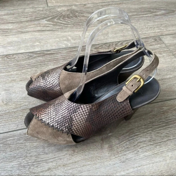 Henry Beguelin Snakeskin Embossed Leather Peep  Toe Wood Heel Platform Sandals - Picture 13 of 14